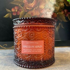 The Candle Shop Pumpkin Spice 12 Oz candle ornate textured glass